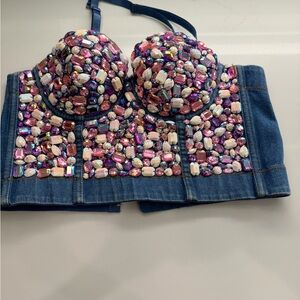 Drama  showstopper Embellished Denim Bustier with Pink and Purple & white Gems